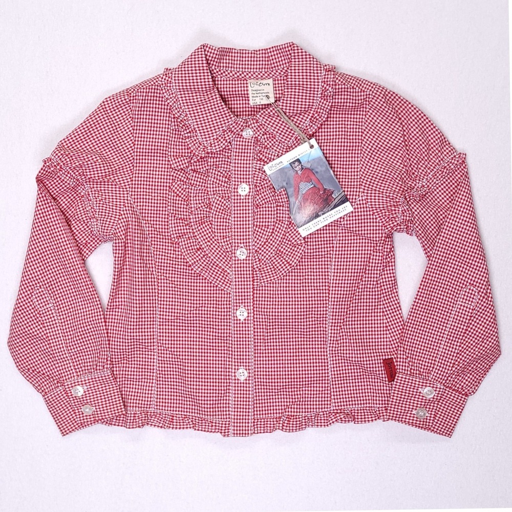 Jottum Girls Evianne Red Gingham Ruffle Collar Long Sleeve‎ Button Up Shirt Sz 6